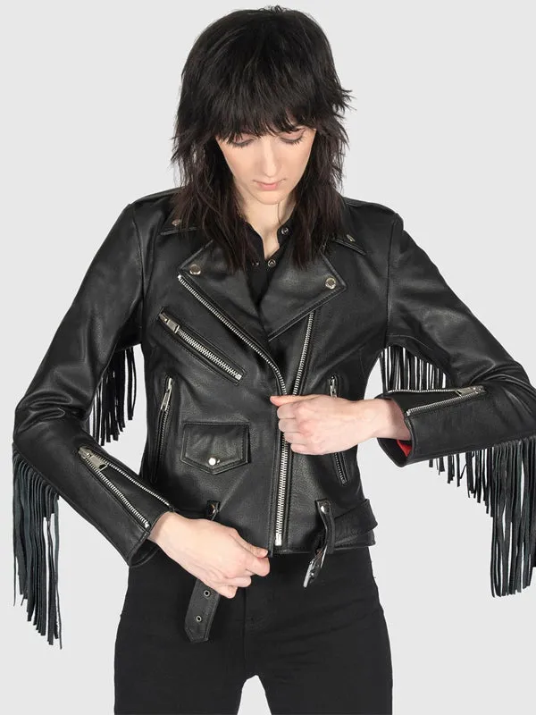 Women's Commando Fringe Leather Jacket: Black