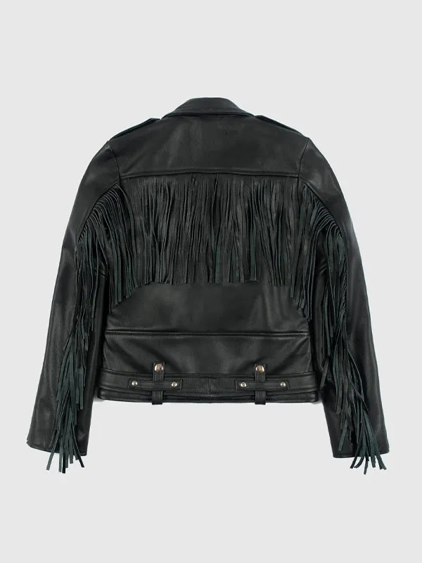 Women's Commando Fringe Leather Jacket: Black