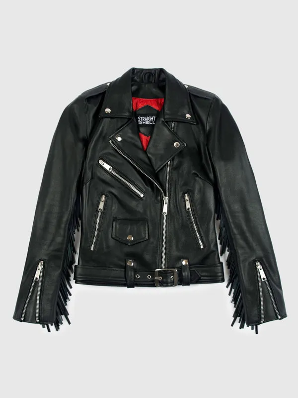 Women's Commando Fringe Leather Jacket: Black