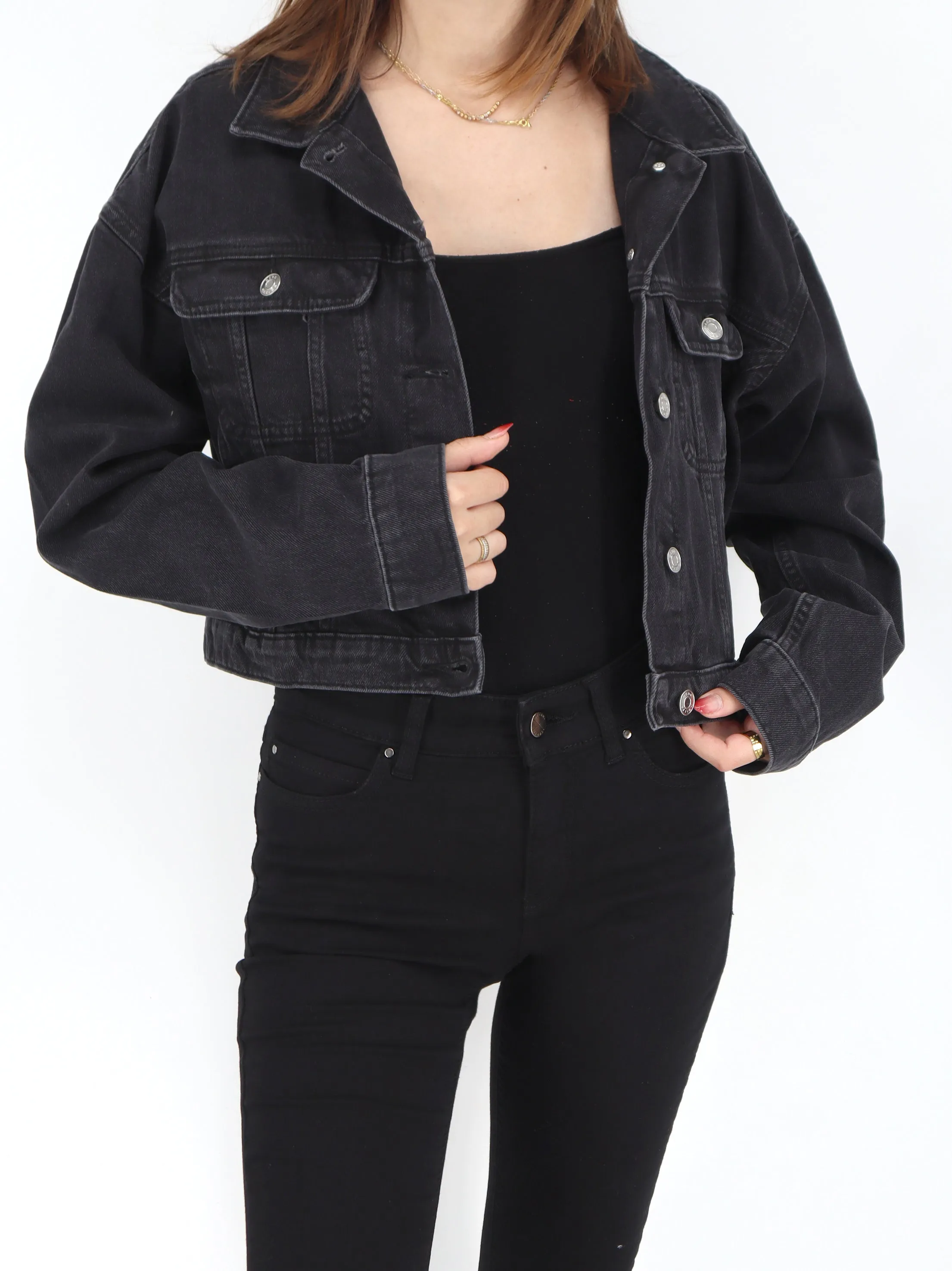 Women's Cropped Denim Jacket,Black