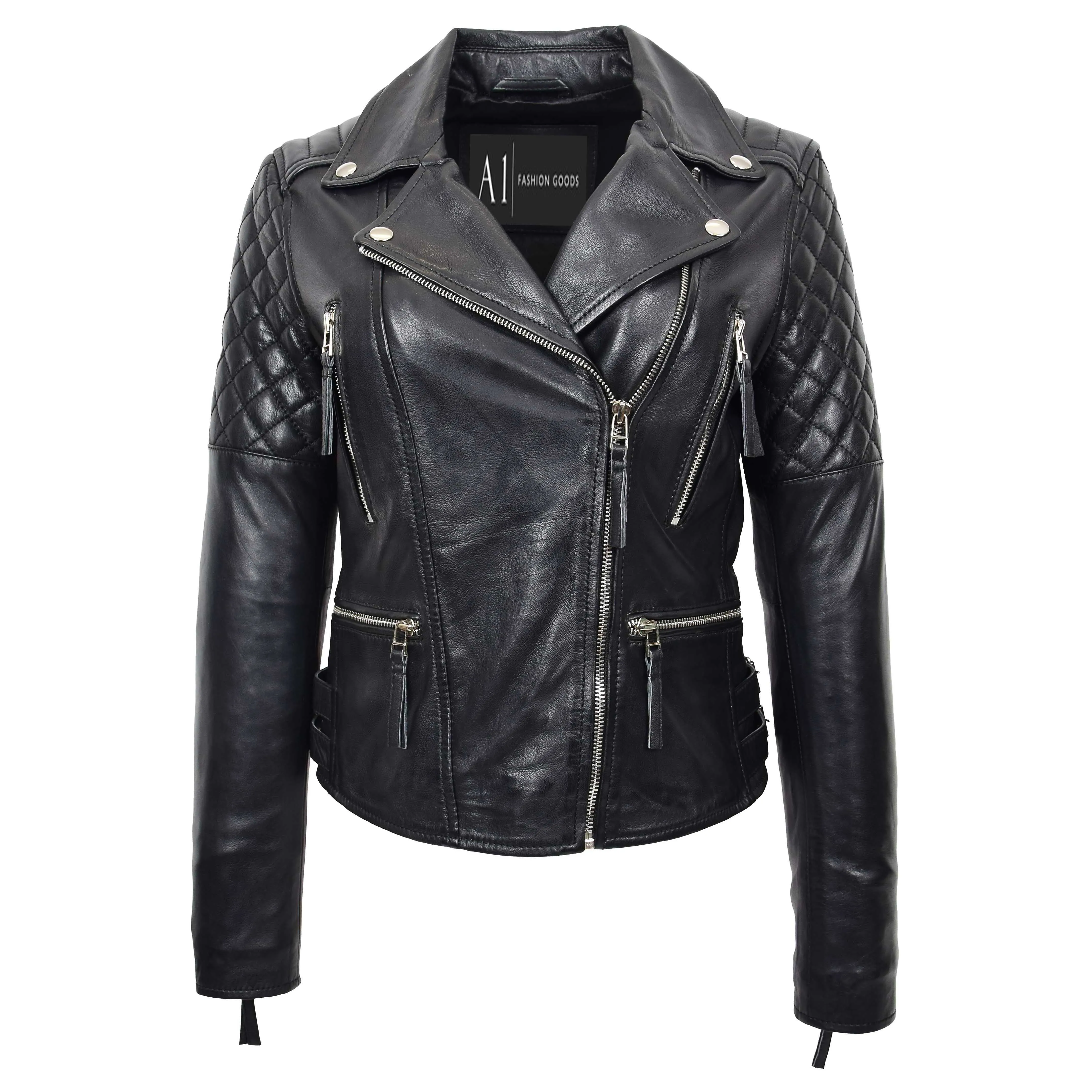 Womens Real Leather Jacket X-Zip Biker Style Fitted Quilted Liz Black