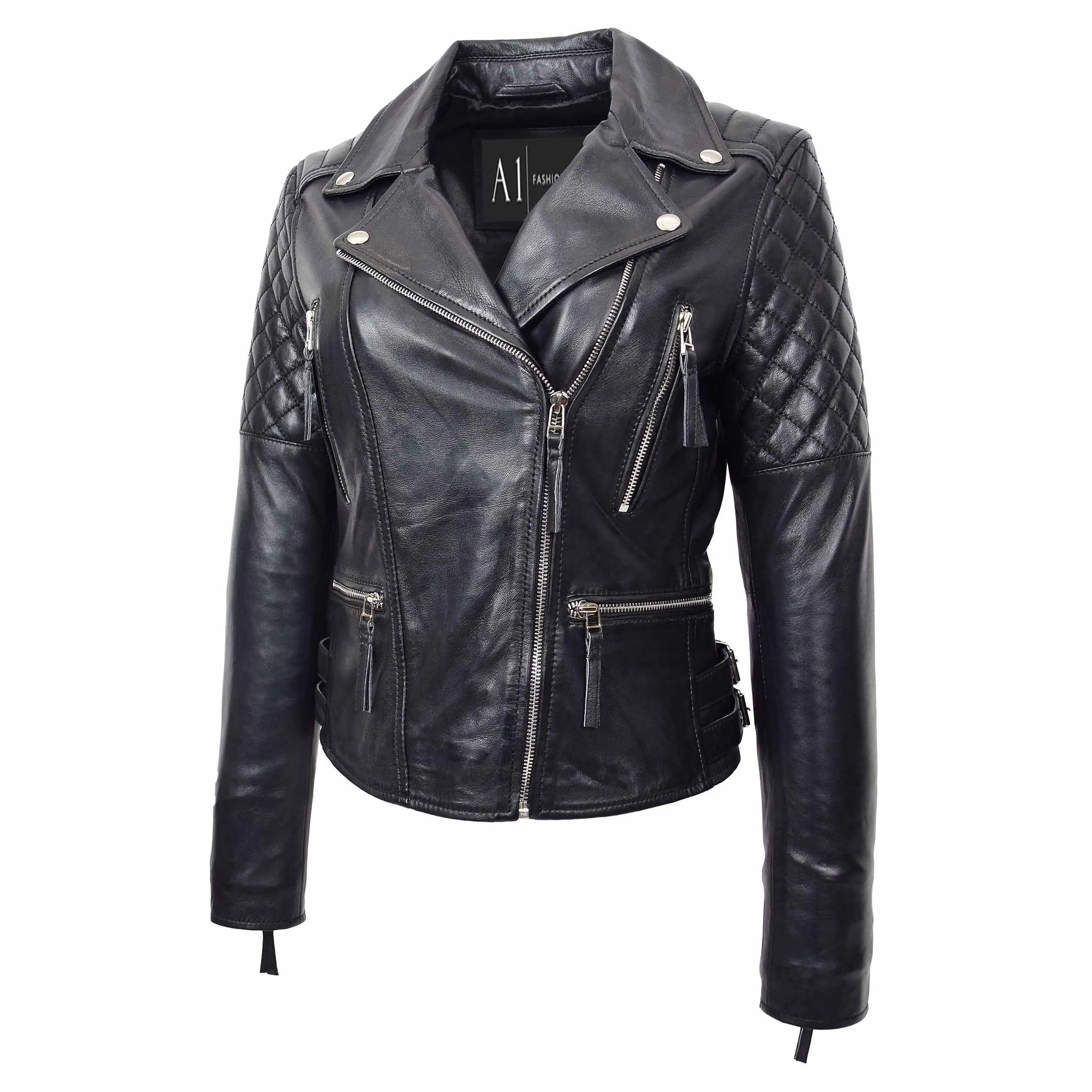 Womens Real Leather Jacket X-Zip Biker Style Fitted Quilted Liz Black