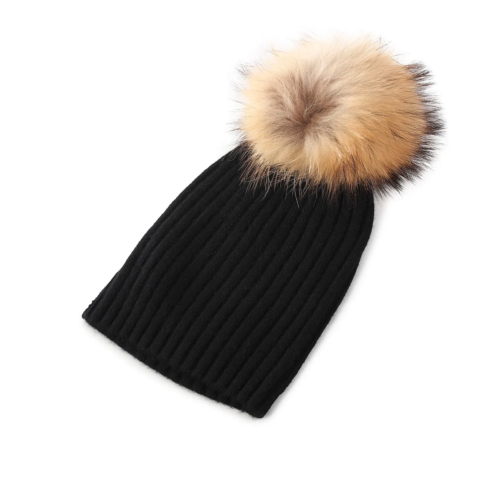 Women's Rib Cashmere Pom Pom Hat  Black