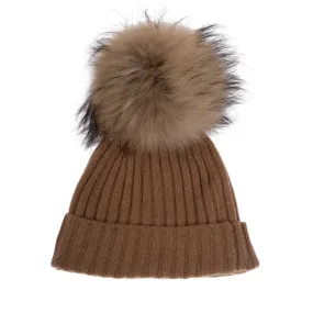 Women's Rib Cashmere Pom Pom Hat  Camel