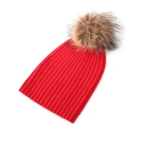 Women's Rib Cashmere Pom Pom Hat  Cardinal