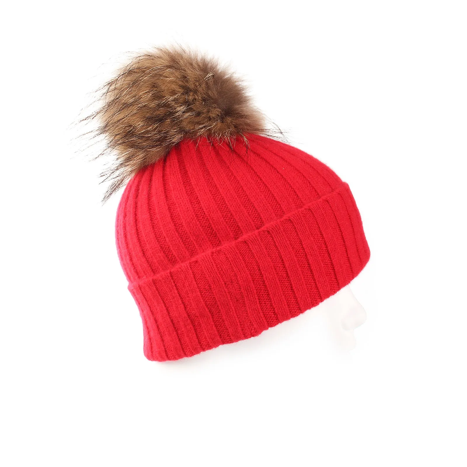 Women's Rib Cashmere Pom Pom Hat  Cardinal