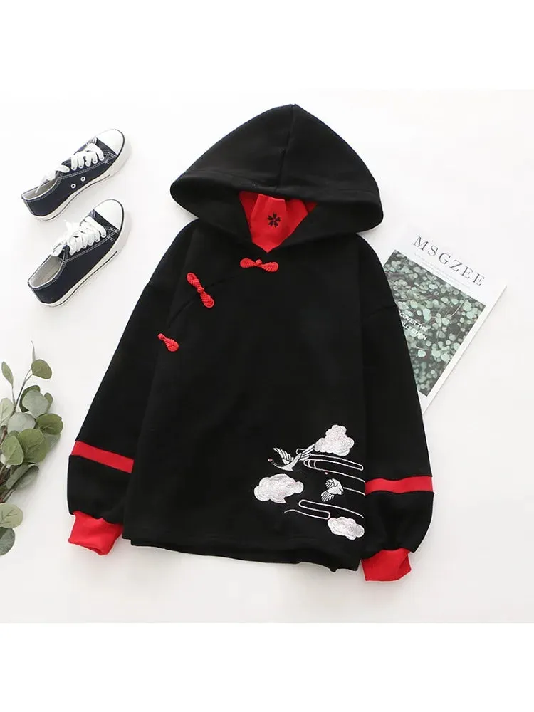 Women's Sweatshirt Black Cartoon Embroidery Harakuju Hooded Pullover Long Sleeve Sweet Style Top Winter Clothes Women