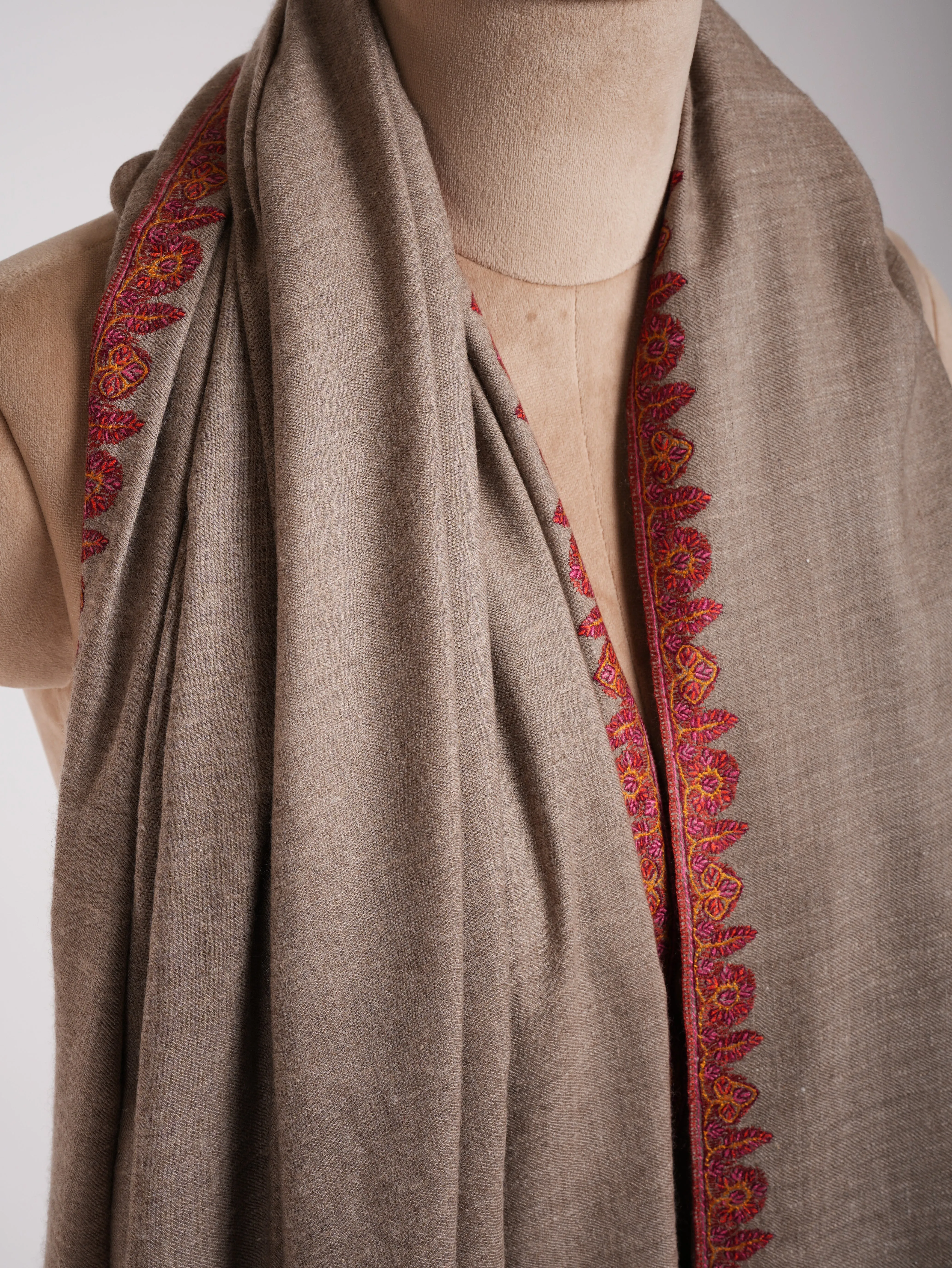 XL Natural Grey Hand Embroidered Original Pashmina Shawl