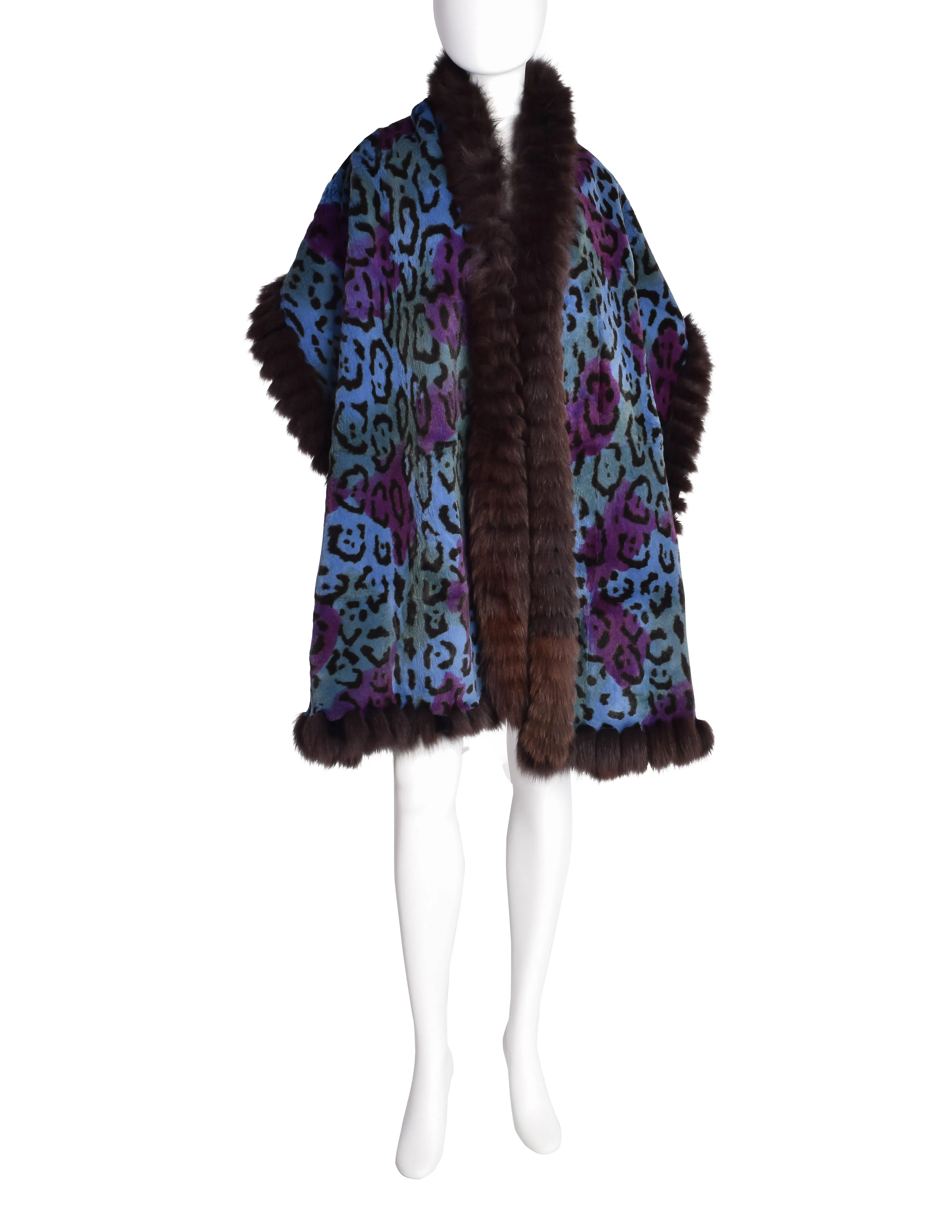 Yves Saint Laurent Vintage Purple Blue Leopard Fox Fur Oversized Wrap Stole Shawl